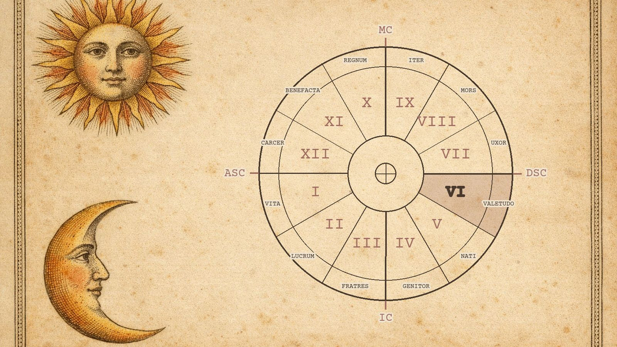Roata celor 12 case astrologice cu casa 6 evidențiată, pe o gravură de manuscris