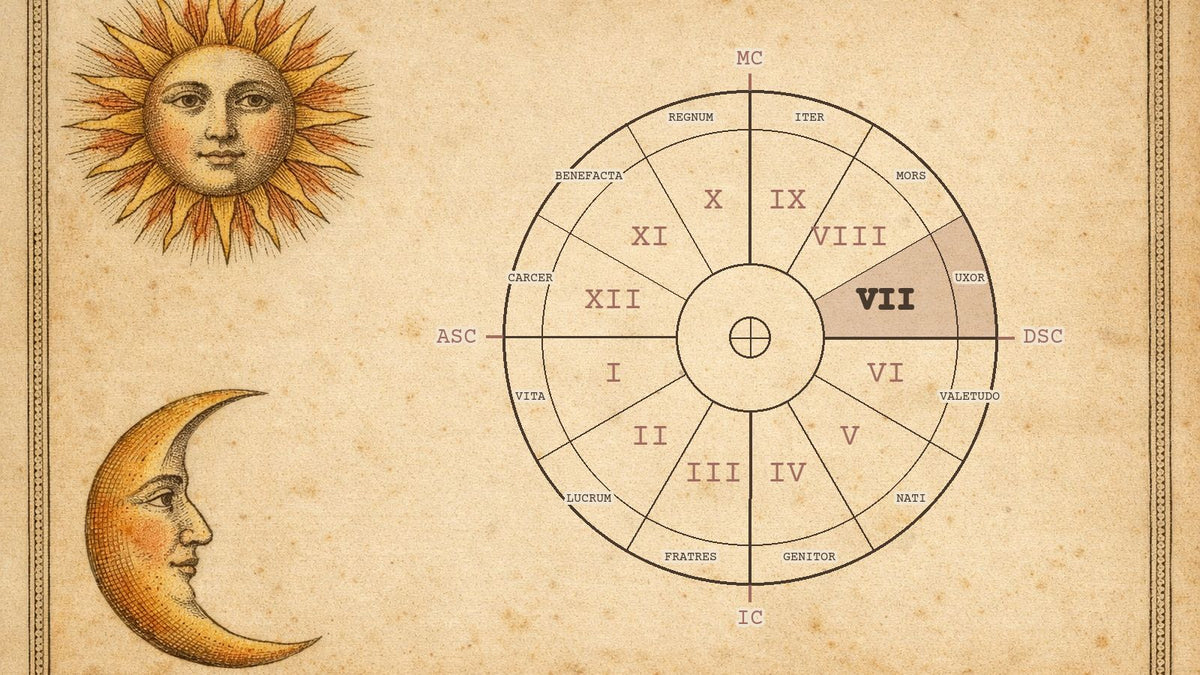 Roata celor 12 case astrologice cu casa 7 evidențiată, pe o gravură de manuscris