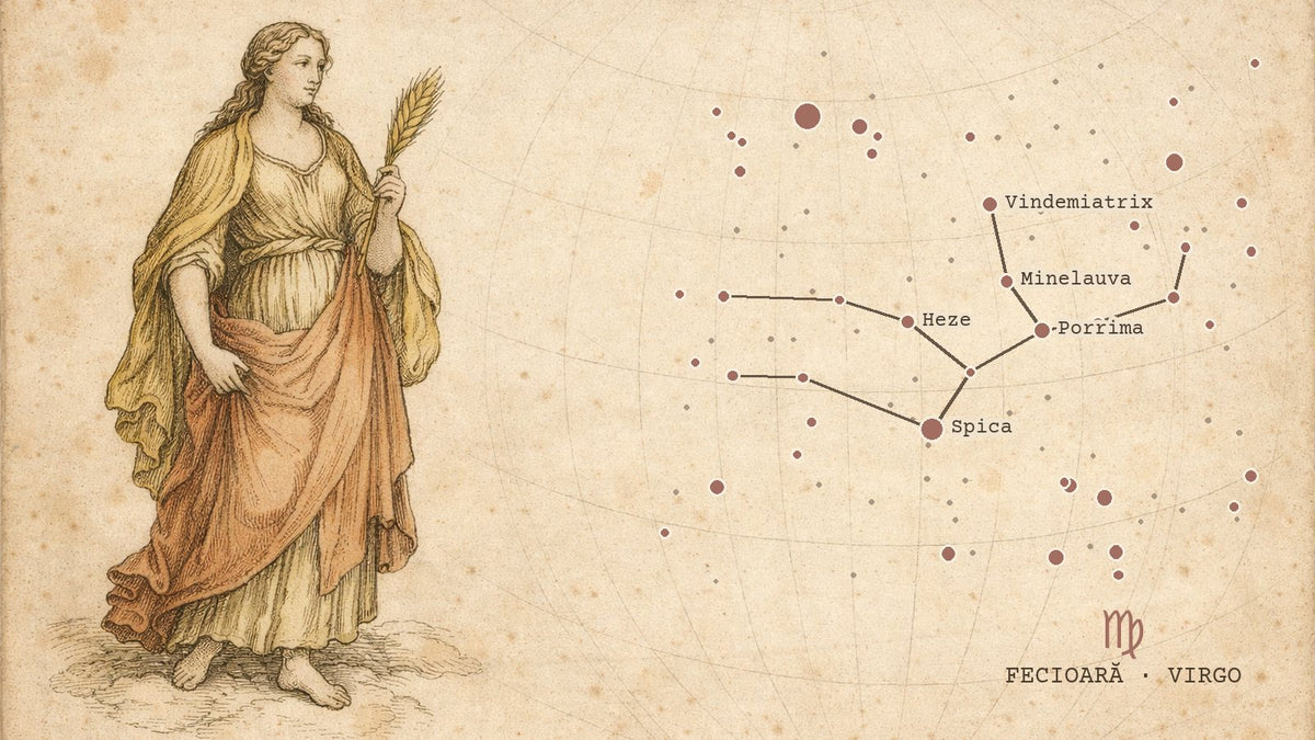 Gravură de atlas ceresc cu constelația Fecioarei desenată după pozițiile reale ale stelelor, cu simbolul zodiei