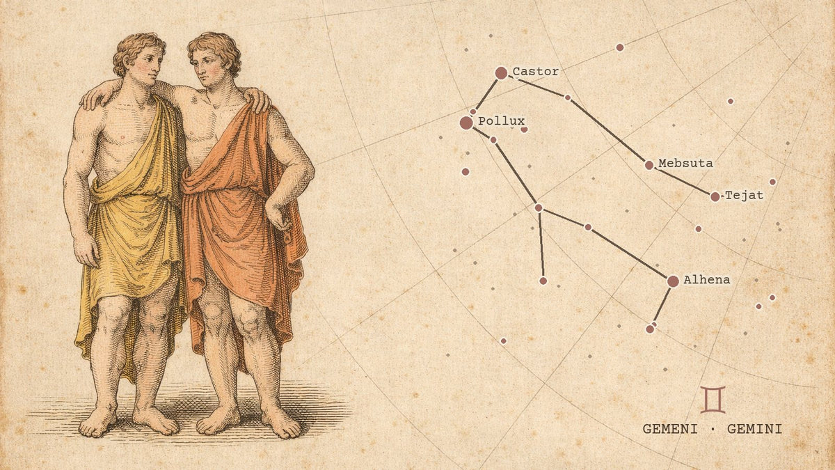 Gravură de atlas ceresc cu constelația Gemenilor desenată după pozițiile reale ale stelelor, cu simbolul zodiei