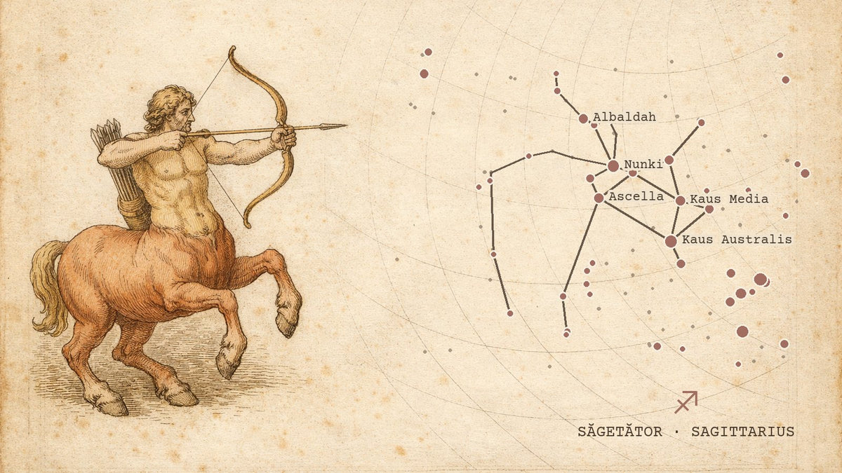 Gravură de atlas ceresc cu constelația Săgetătorului desenată după pozițiile reale ale stelelor, cu simbolul zodiei