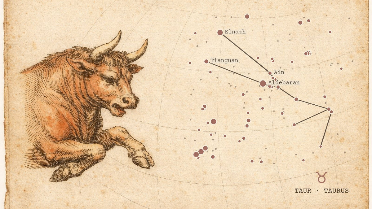 Gravură de atlas ceresc cu constelația Taurului desenată după pozițiile reale ale stelelor, cu simbolul zodiei