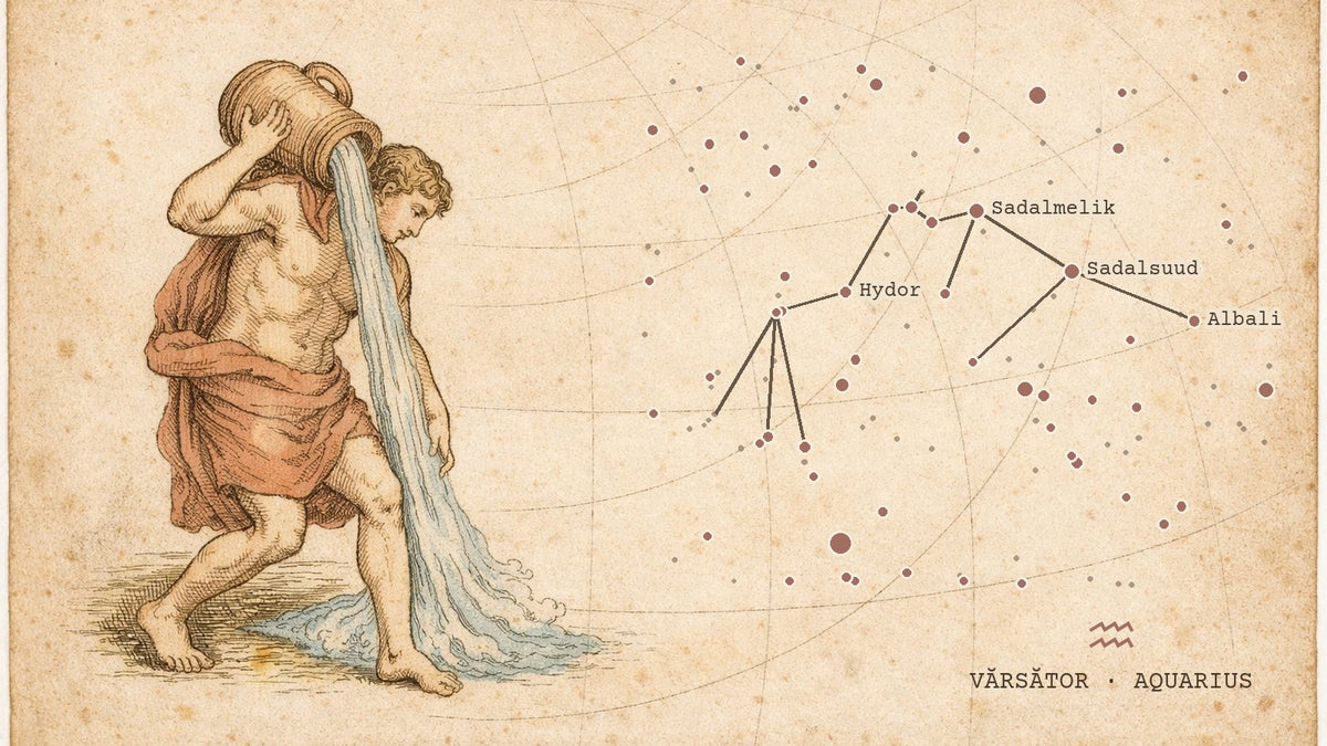 Gravură de atlas ceresc cu constelația Vărsătorului desenată după pozițiile reale ale stelelor, cu simbolul zodiei