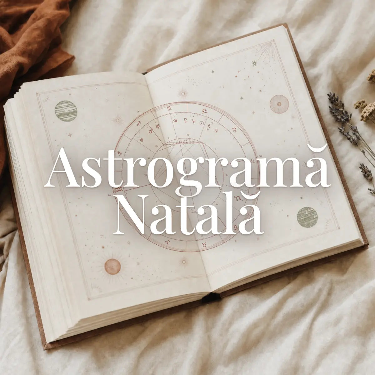 Astrogramă natală Astral Herbarium: harta natală și interpretarea scrisă, într-o carte deschisă
