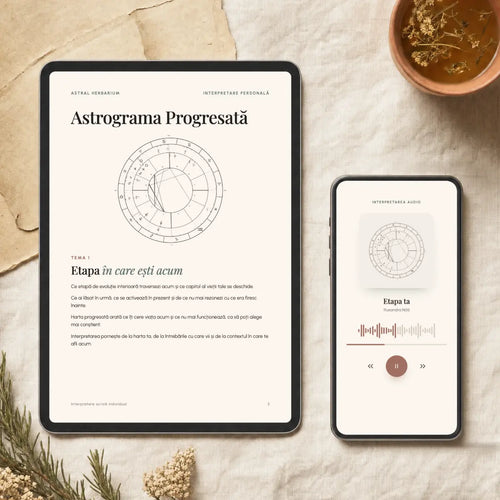 Ce primești: sinteza scrisă a astrogramei progresate în PDF, pe tabletă, și interpretarea audio de peste o oră, pe telefon