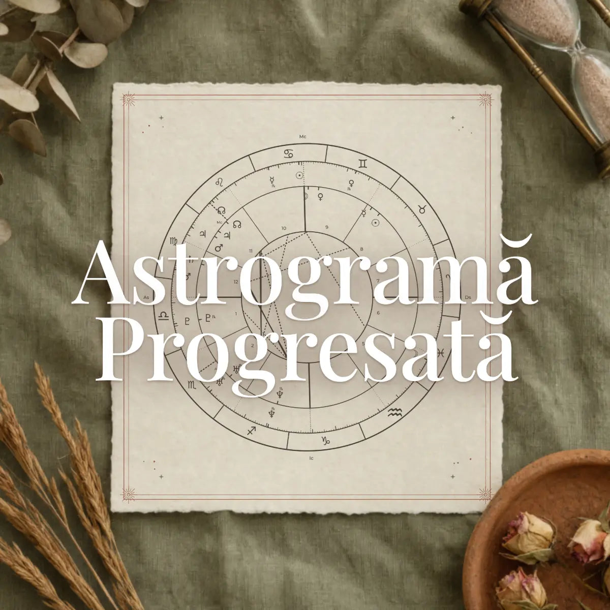 Astrogramă progresată Astral Herbarium: harta progresată completă, cu harta natală în interior și progresiile în inelul exterior, pe o foaie de hârtie personalizată