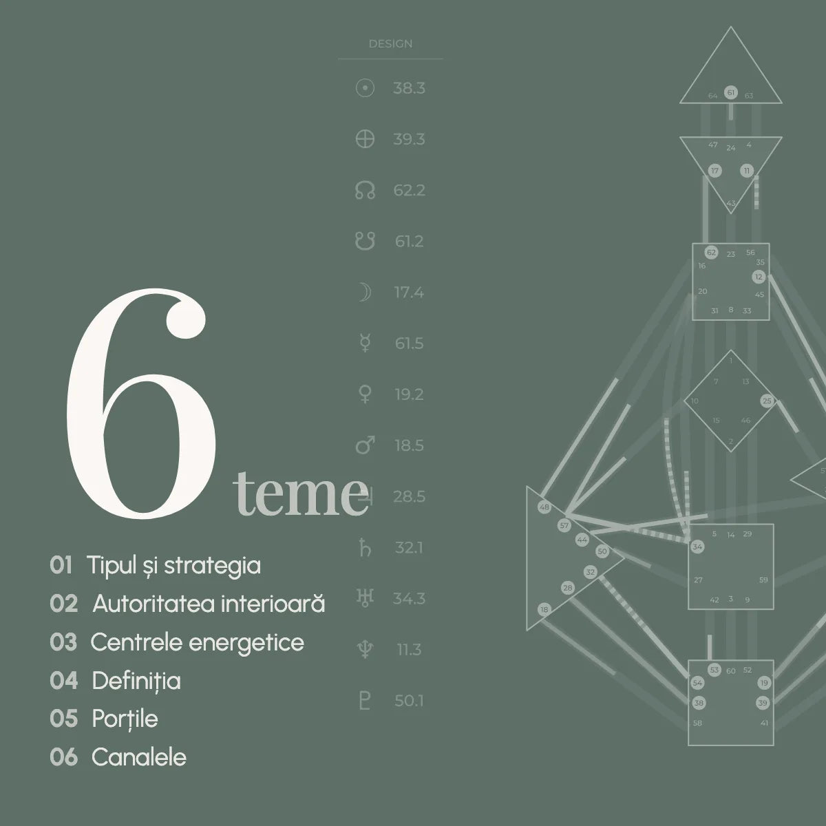 Cele șase teme ale interpretării: tipul și strategia; autoritatea interioară; centrele energetice; definiția; porțile; canalele