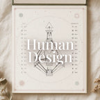 Human Design Astral Herbarium: bodygraph-ul complet, cu coloanele Design și Personalitate, pe pagina unei agende personalizate