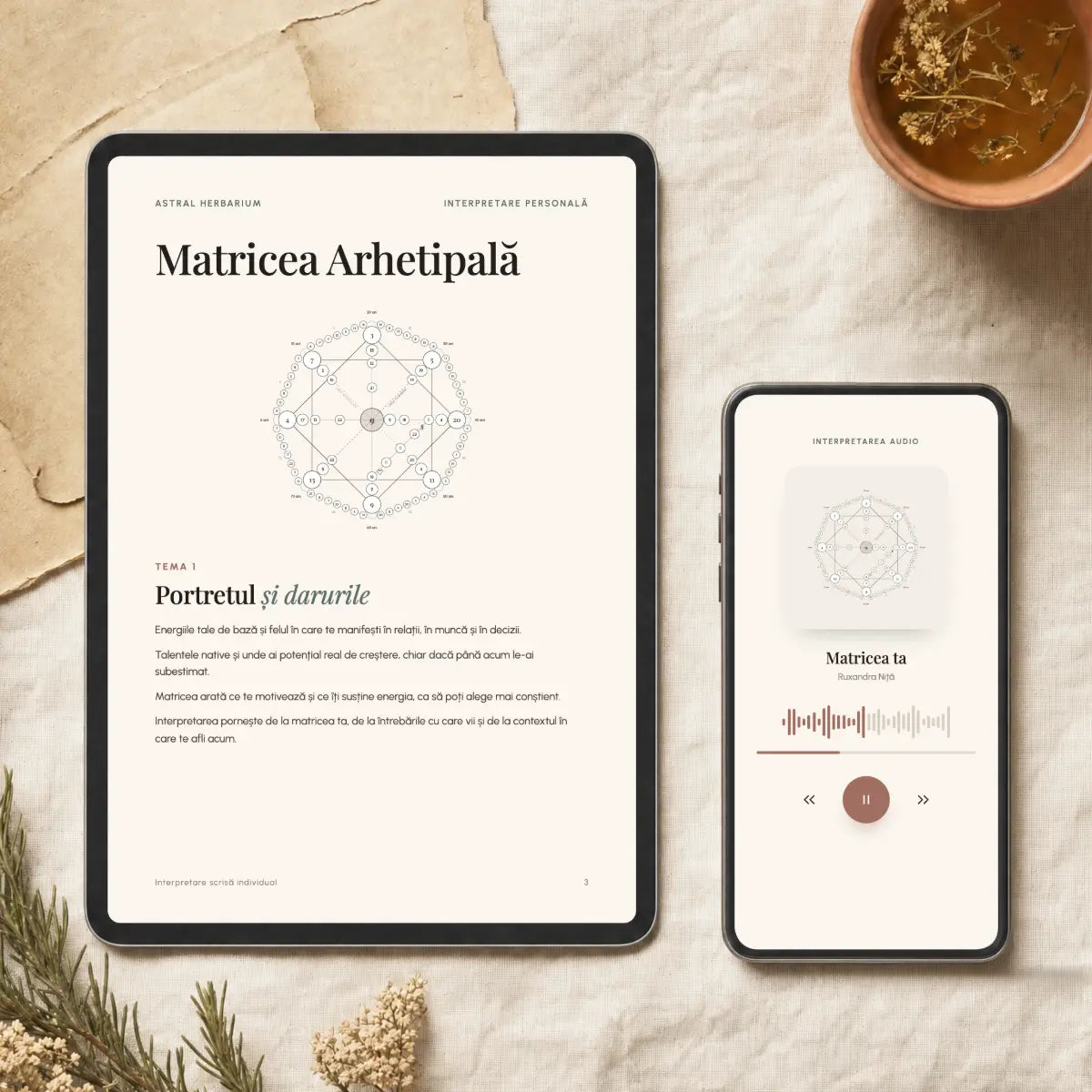Ce primești: interpretarea Matricei Arhetipale în PDF, pe tabletă, și înregistrarea audio, pe telefon