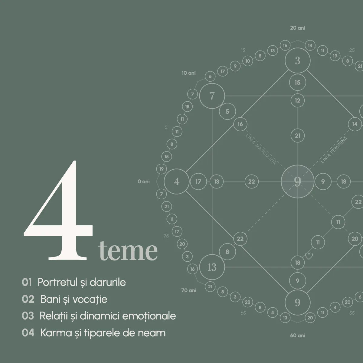 Cele patru teme ale interpretării: portretul și darurile; bani și vocație; relații și dinamici emoționale; karma și tiparele de neam