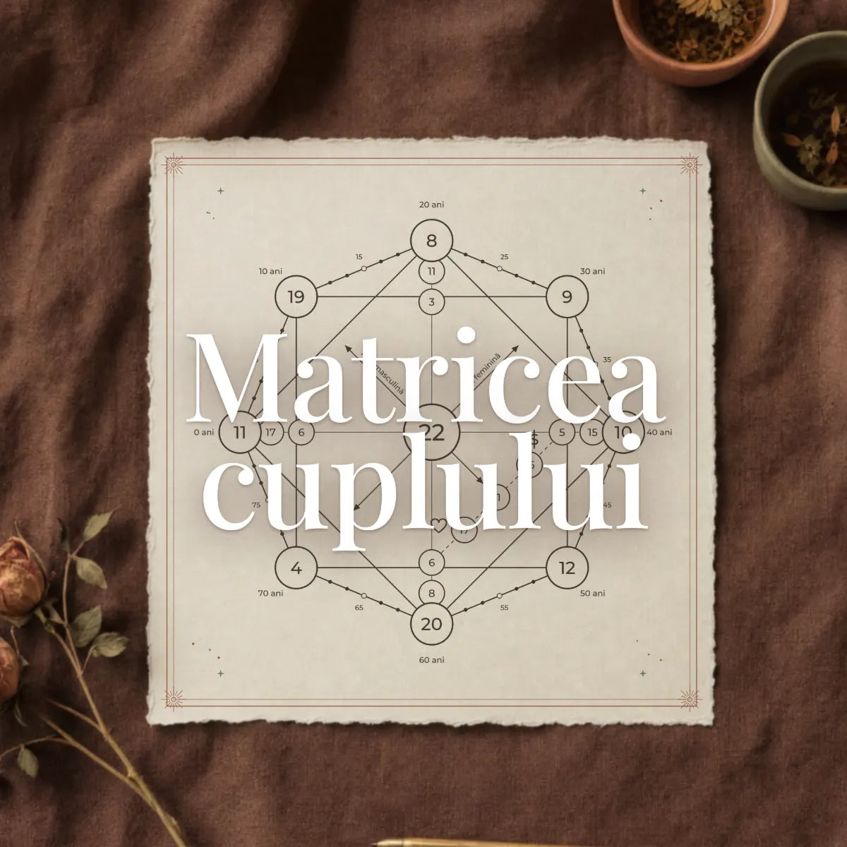 Compatibilitate Matricea Destinului Astral Herbarium: matricea relației completă, cu cercul anilor, linia banilor și a inimii, pe o foaie pătrată de hârtie personalizată