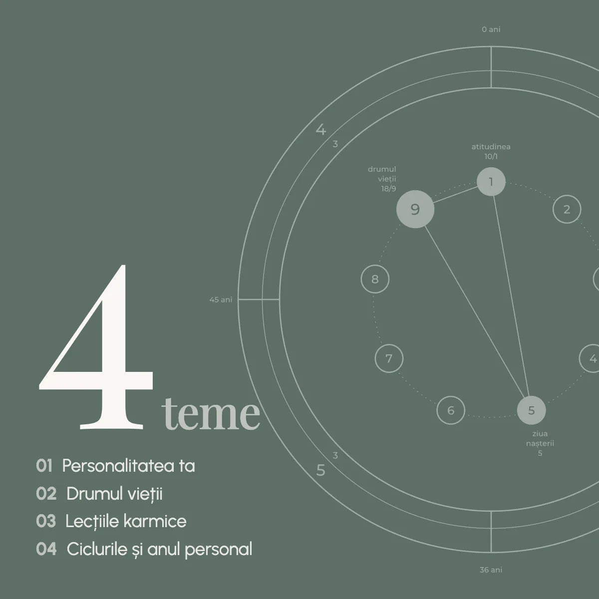 Cele patru teme ale interpretării: personalitatea ta; drumul vieții; lecțiile karmice; ciclurile și anul personal