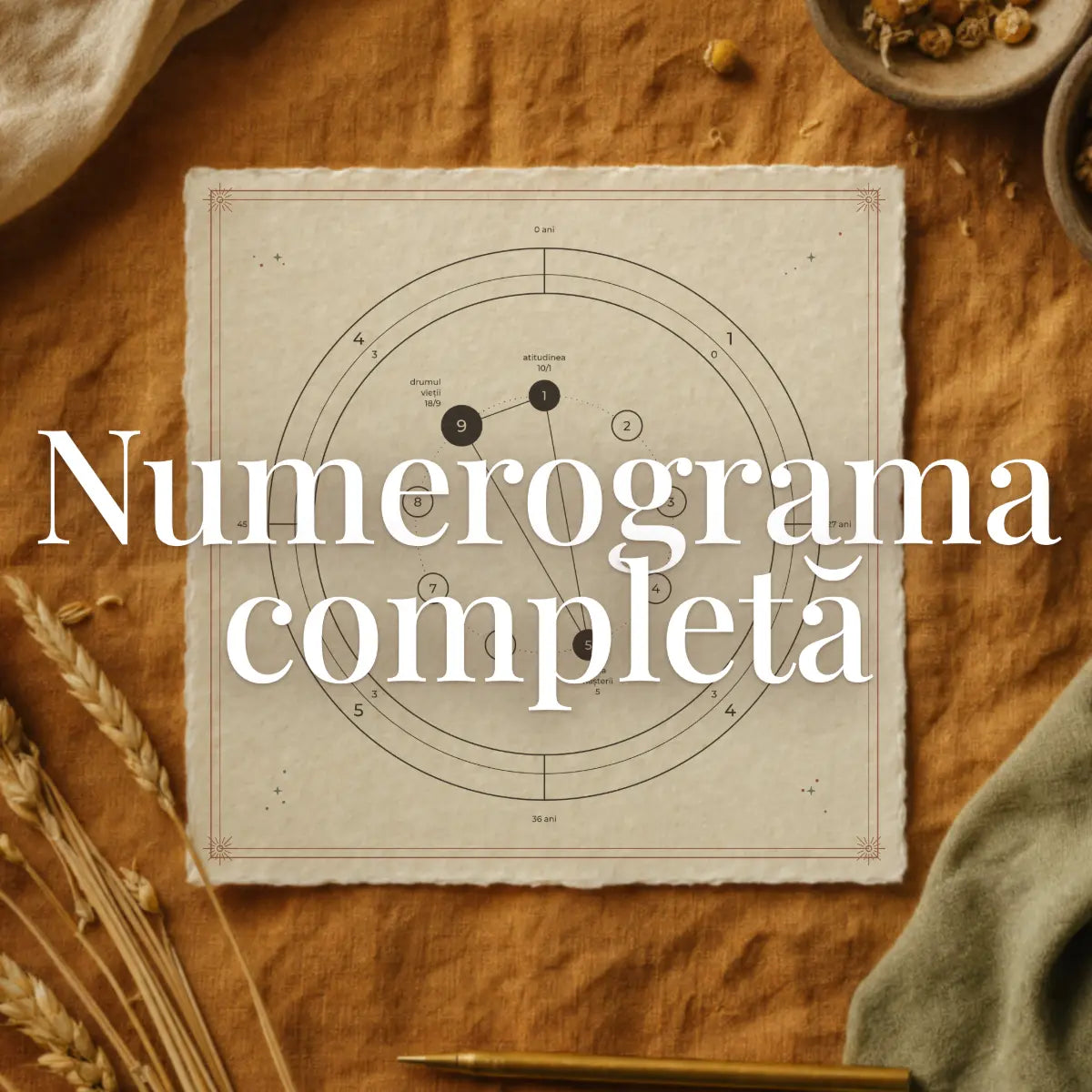 Numerogramă completă Astral Herbarium: roata datei nașterii, cu drumul vieții, ziua nașterii și ciclurile vieții, pe o foaie pătrată de hârtie personalizată