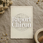 Raport Chiron Astral Herbarium: harta natală cu Chiron încercuit, casa lui evidențiată și aspectele lui trasate, pe o foaie de hârtie personalizată