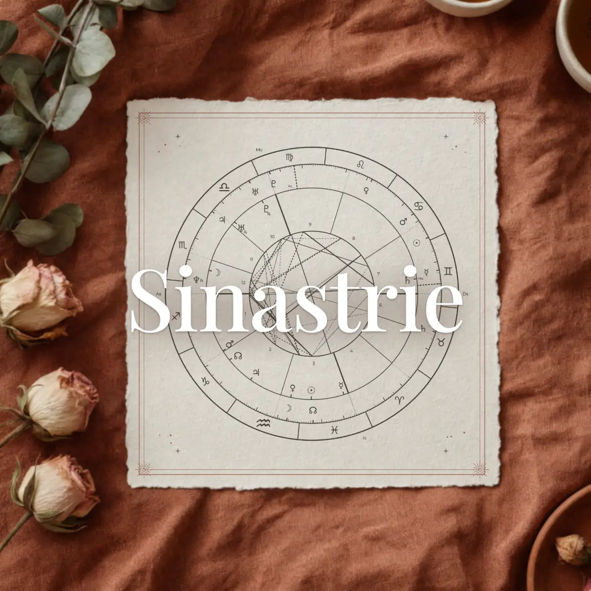 Sinastrie Astral Herbarium: roata dublă completă, cu harta unei persoane în interior și a celeilalte în inelul exterior, pe o foaie de hârtie personalizată